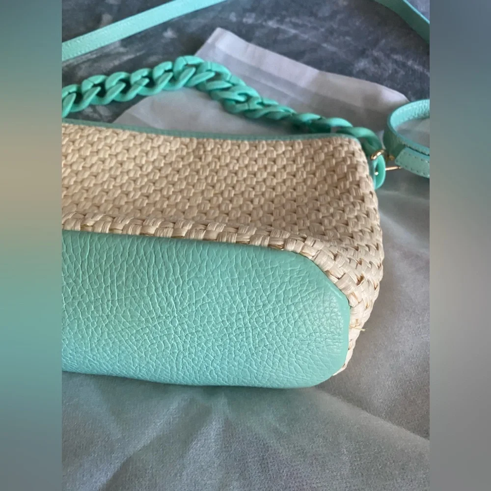 STELLA BIANCA Aqua Raffia Chain Crossbody Bag With Leather Trim Made In … - Picture 4 of 11